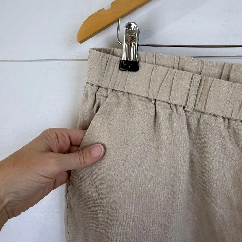 Quince‎ 100% EUROPEAN Linen Wide Leg CROP Pants DRIFTWOOD WOMEN L Elastic Waist